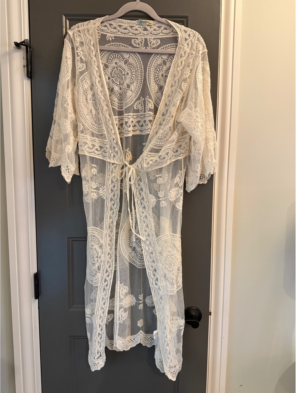 Rebellion Again Sheer Lace boho kaftan Cardigan with Tie Front, Size Small